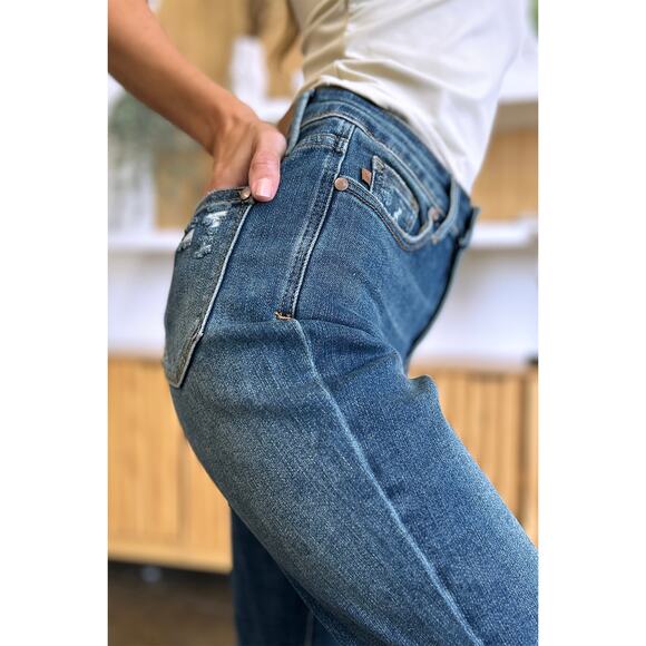 Judy Blue Tummy Control High Waist Dark Washed Stretch Slim Ankle Denim Jeans - Picture 6 of 6